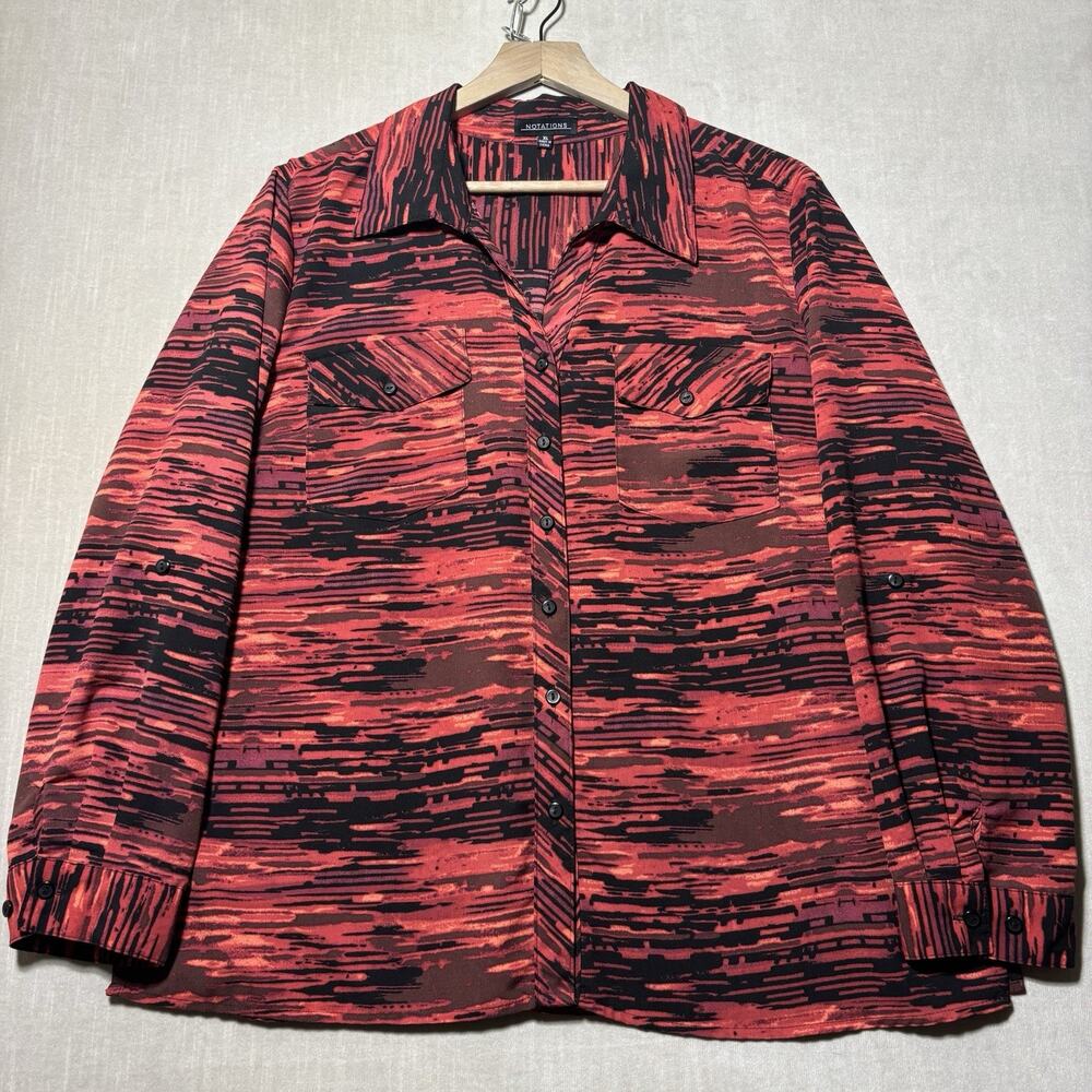 Notations Womens Geometric Button‎ Top XL Red Black Bold Statement Artsy